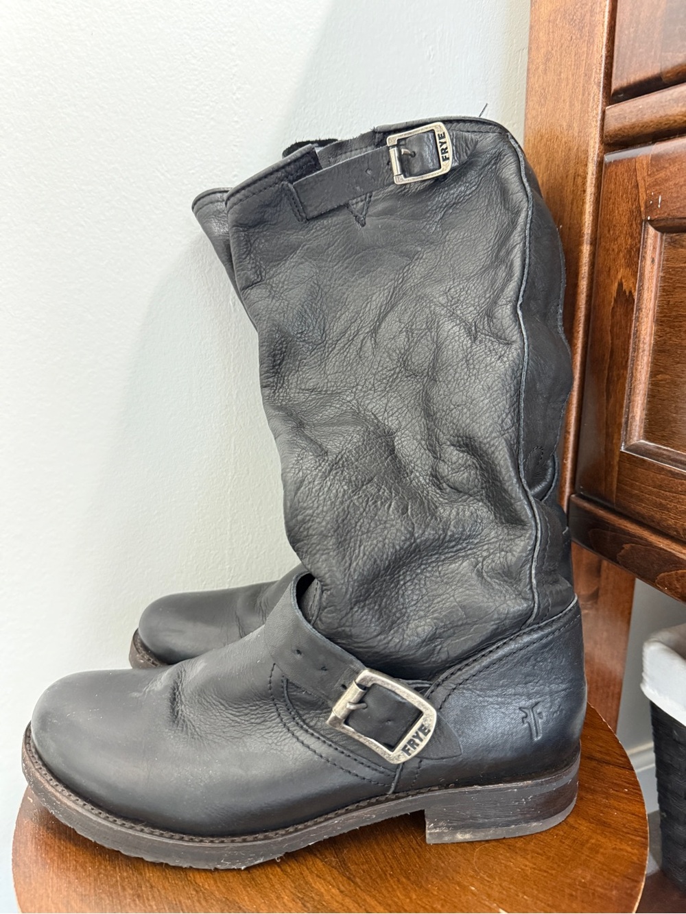 Frye Black Leather Mid-Calf Harness Moto Boots